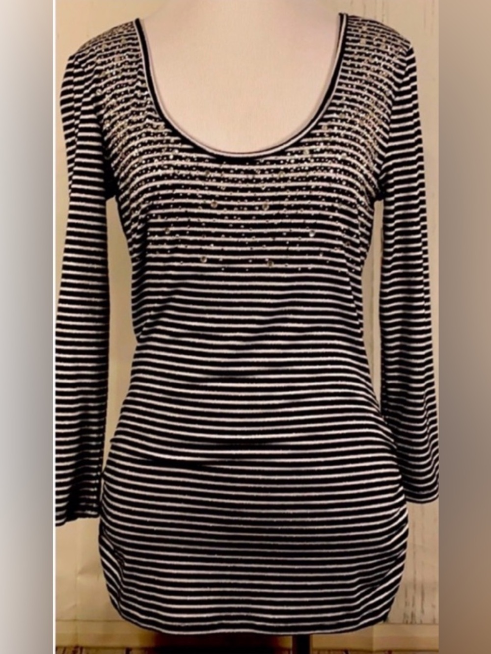Cache NWOT Crystal Embellished Striped Top With Ruched Sides